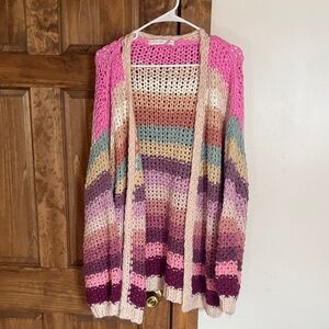 Altard State Open-Front Multicolor Chunky Knit Cardigan - Pink Stripe